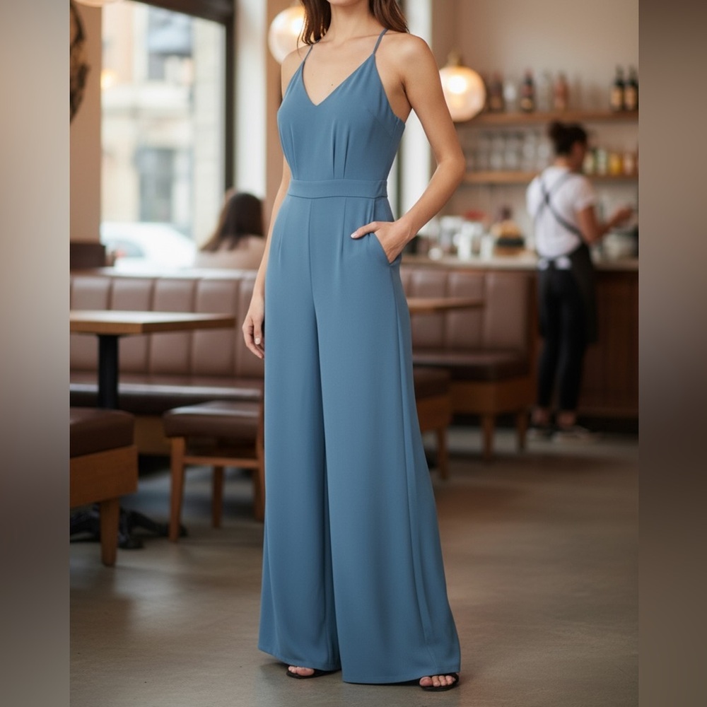 Very J Blue strappy jumpsuit slit leg pockets  cottagecore fairycore coquette